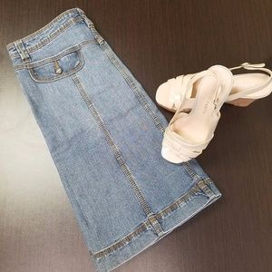CAbi Vintage Distressed Stretch denim skirt